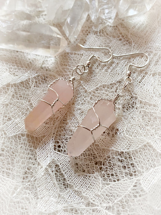 Wrapped Gemstone Point Dangles | Rose Quartz | Silver Earrings | Light Years Jewelry