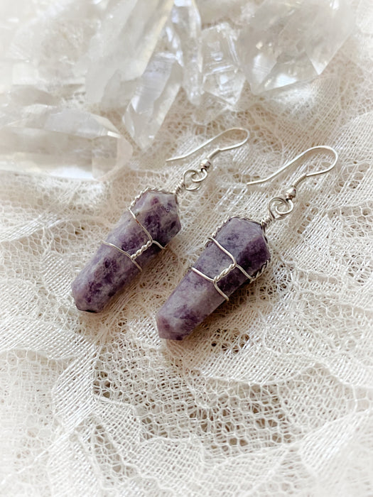 Wrapped Gemstone Point Dangles | Lepidolite| Silver Earrings | Light Years Jewelry