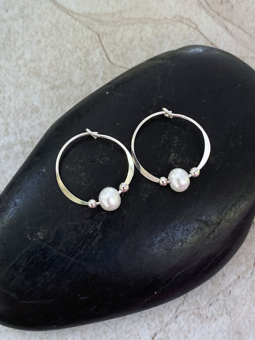 Pearl Hoops Earrings | Sterling Silver Handmade | Light Years Jewelry