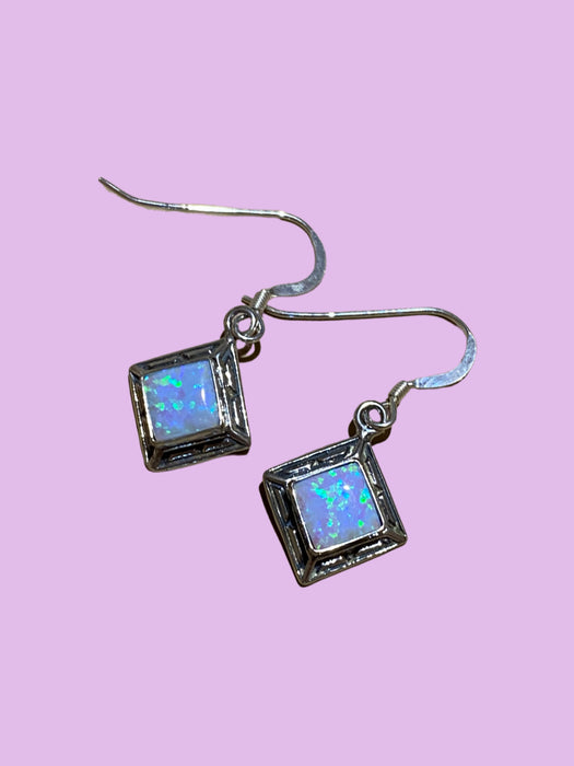 Bordered Opal Square Dangles | Sterling Silver Earrings | Light Years