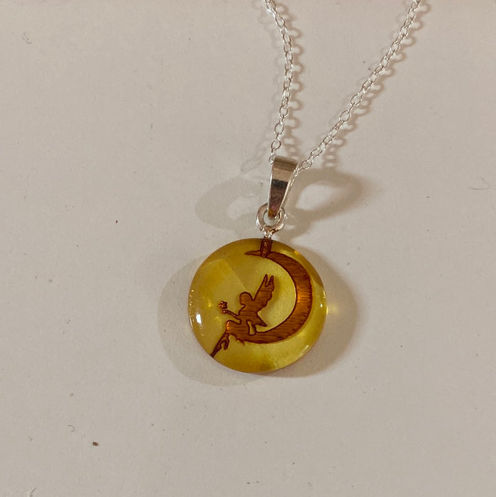 Amber Intaglio Fairy Moon Necklace | Sterling Silver Pendant | Light Years