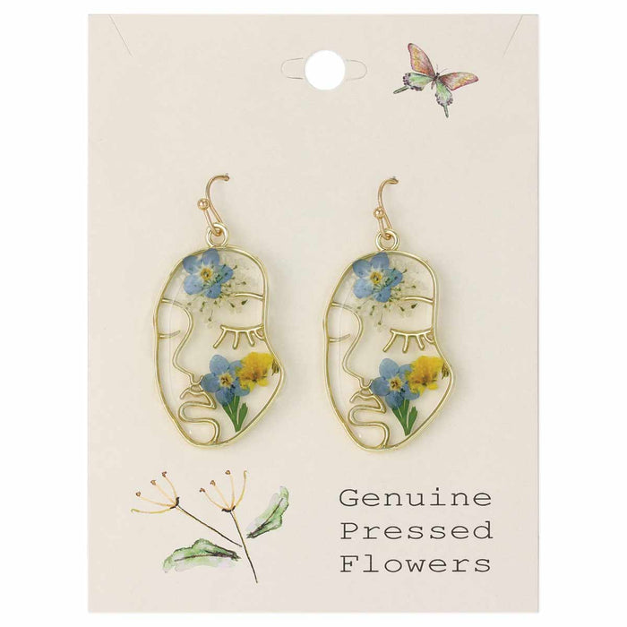 Pressed Flower Face Dangles | Blue | Gold Fashion Earrings | Light Years