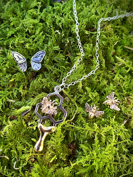 Bronze Honey Drip Beehive Necklace | Sterling Silver Pendant Chain | Light Years