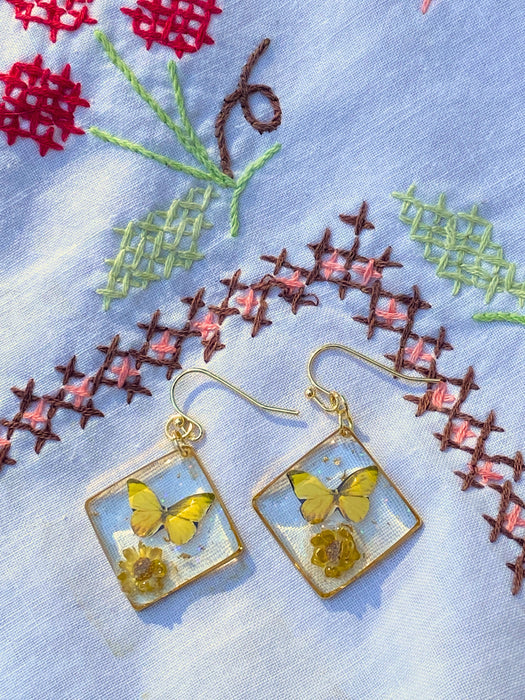 Sunny Garden Butterfly & Flower Dangles | Gold Earrings | Light Years