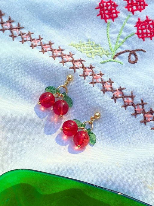 Cute Cherries Beaded Posts | Gold Studs Earrings | Light Years Jewelry