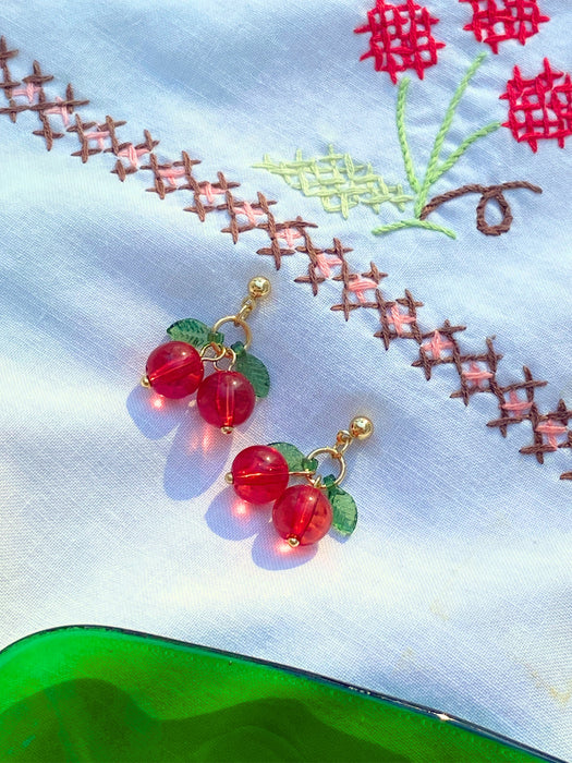 Cute Cherries Beaded Posts | Gold Studs Earrings | Light Years Jewelry
