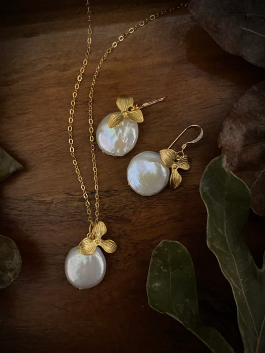 Orchid & Coin Pearl Dangles | 14kt Gold Filled Earrings | Light Years