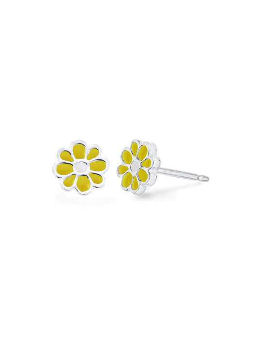 Sterling Silver Daisy Stud Earrings – White & Yellow Enamel – Arranview Jewellery