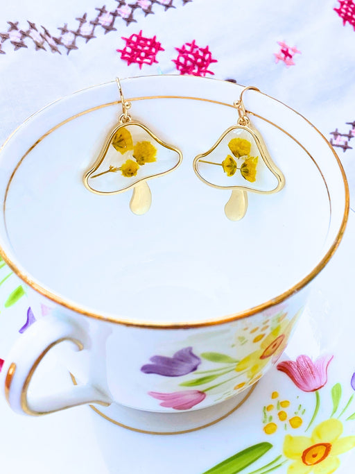 Pressed Flower Toadstool Dangles | Gold Mushroom Earrings | Light Years Jewelry