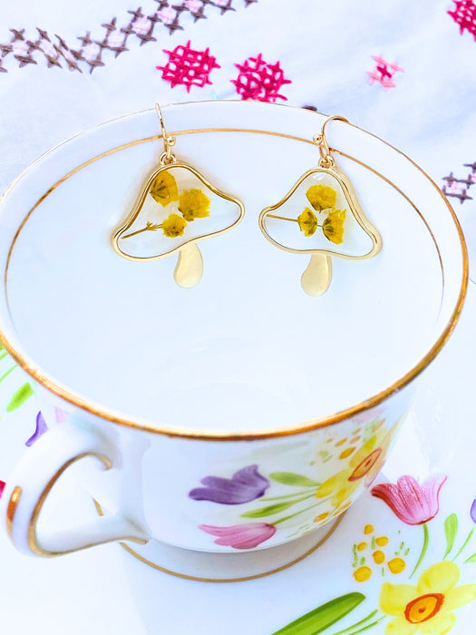 Pressed Flower Toadstool Dangles | Gold Mushroom Earrings | Light Years Jewelry