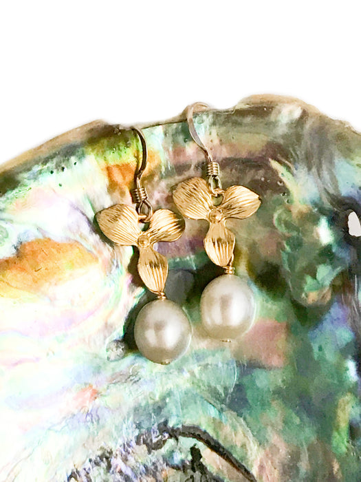 Orchid & White Pearl Dangles | 14kt Gold Filled Earrings | Light Years Jewelry