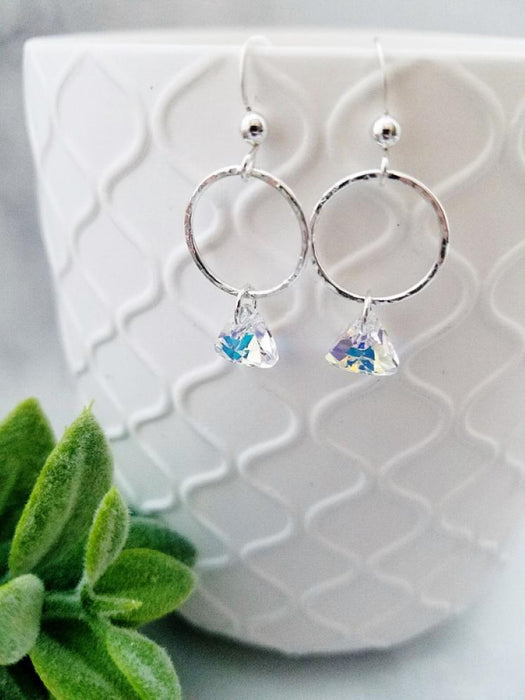 Hammered Circle Crystal Dangles | Aurora Borealis | Sterling Silver Earrings | Light Years