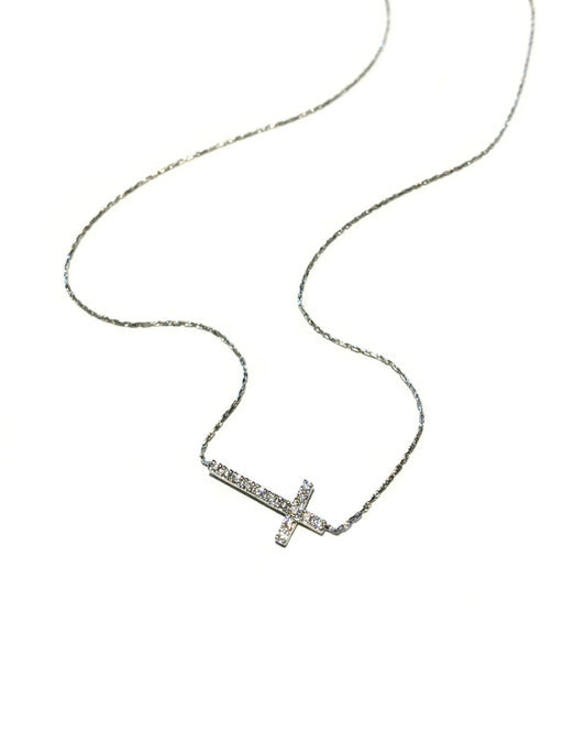 Sideways Cross CZ Necklace | Silver Plated Chain | Light Years Jewelry