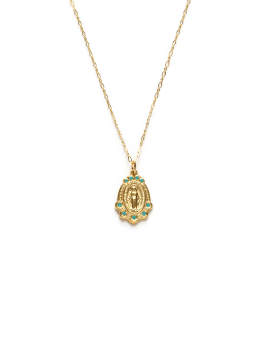 Our Lady Mary Medallion Necklace | Turquoise | Gold Plated Chain Pendant | Light Years