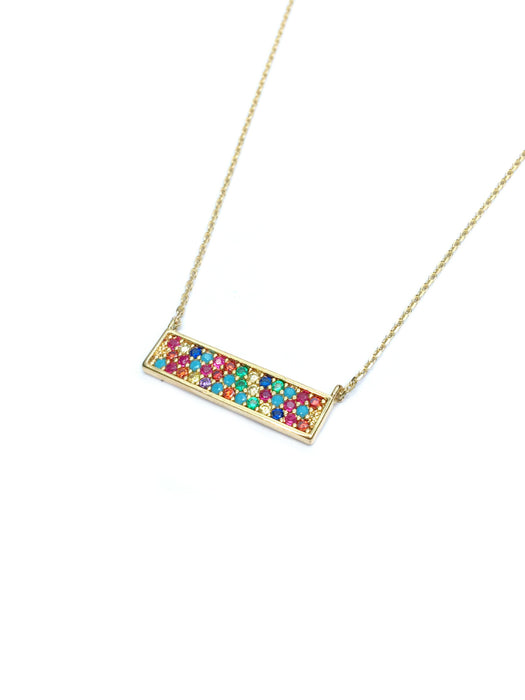 Rainbow CZ Pave Bar Necklace | White Gold Silver Plated | Light Years