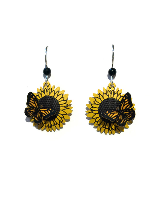 Monarch on Sunflower Earrings | Sterling Silver Dangles | Light Years