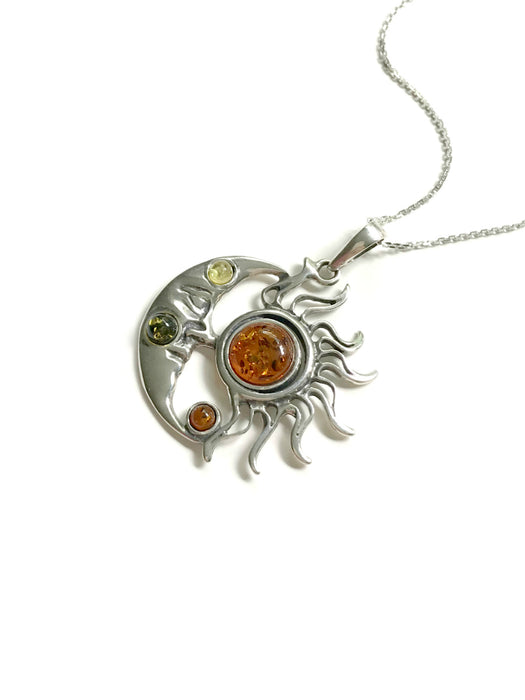 Celestial Sun Moon Amber Necklace | Sterling Silver Pendant Chain | Light Years