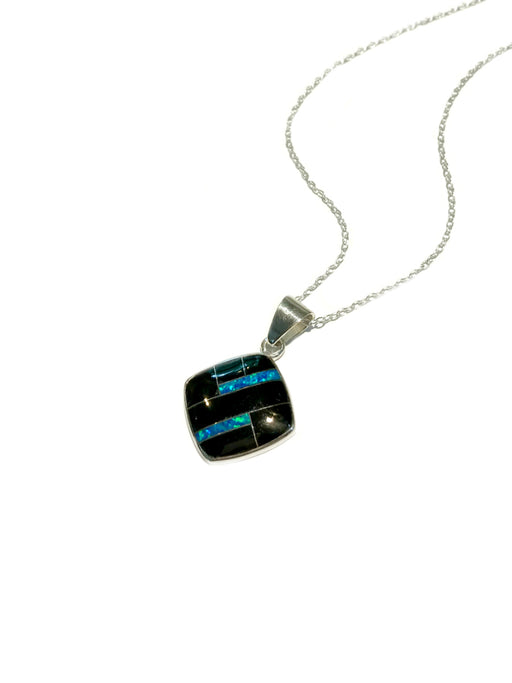 Onyx Opal Inlay Necklace | Sterling Silver Chain Pendant | Light Years