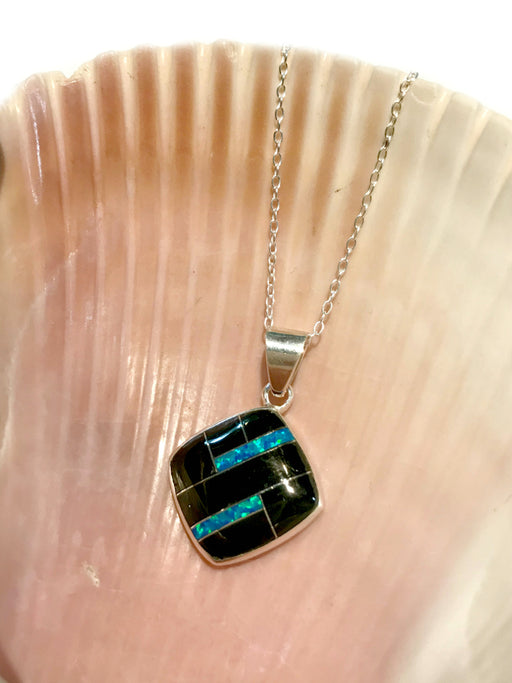 Onyx Opal Inlay Necklace | Sterling Silver Chain Pendant | Light Years