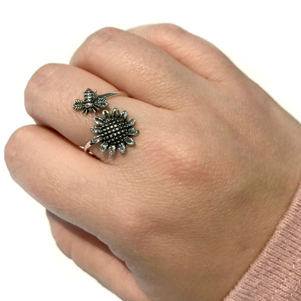 Bee Sunflower Wrap Ring | Sterling Silver Size 6 7 8 9 10 | light Years
