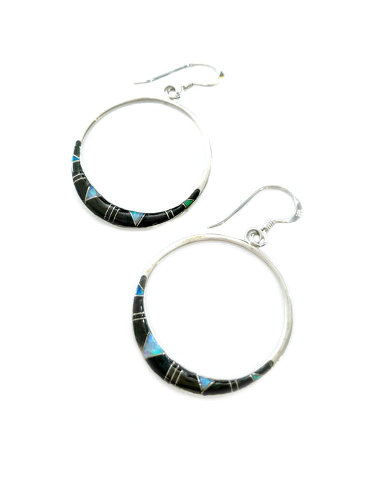Onyx & Opal Inlay Hoop Earrings | Sterling Silver Dangles | Light Years Jewelry