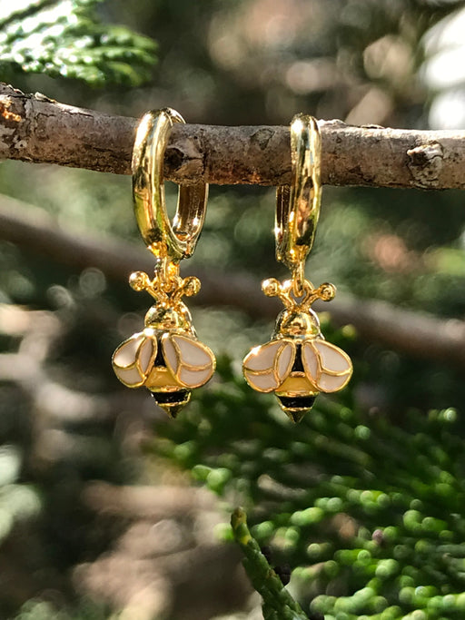 Enamel Bee Charm Huggie Hoops | Gold Plated Earrings | Light Years Jewelry