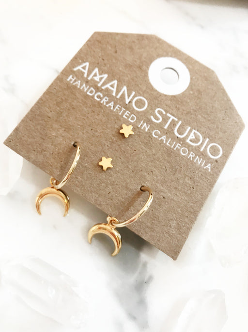 Crescent Moon & Star Post Set | Gold Plated Hoop Earrings | Light Years