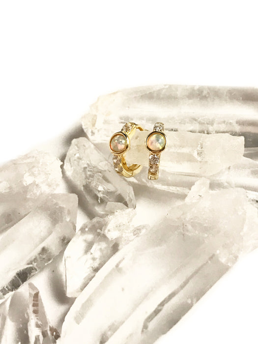 Opal & CZ Huggie Hoops | 14kt Gold Vermeil Earrings | Light Years Jewelry