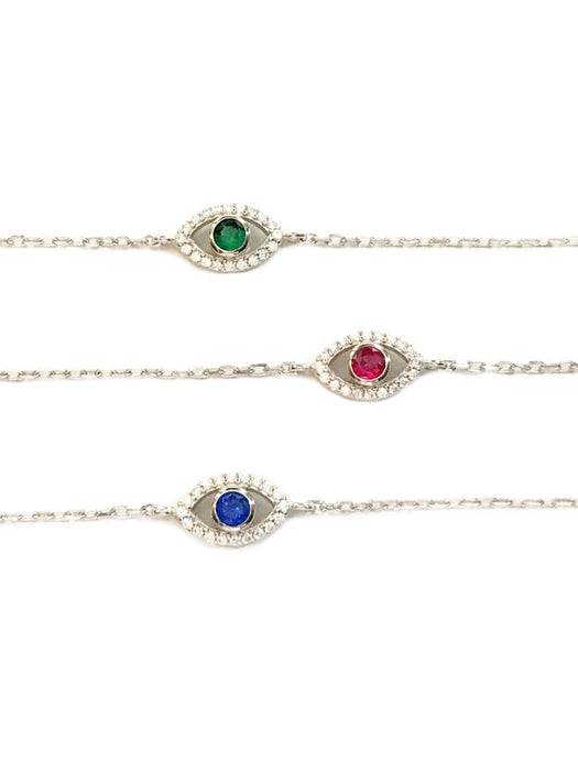 Colorful CZ Eye Bracelet | Emerald | Sterling Silver Chain | Light Years Jewelry