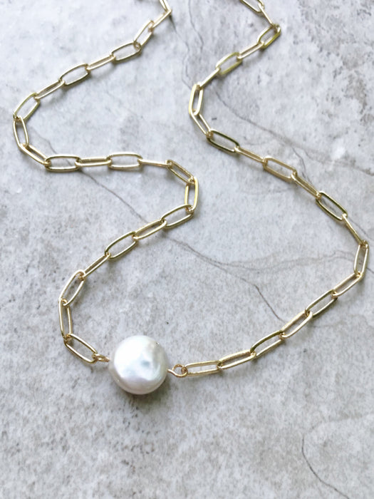 Coin Pearl & Link Chain Necklace | Gold Plated Fashion | Light Years