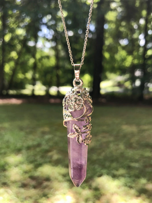 Floral Wrapped Amethyst Crystal Necklace | Silver Chain | Light Years