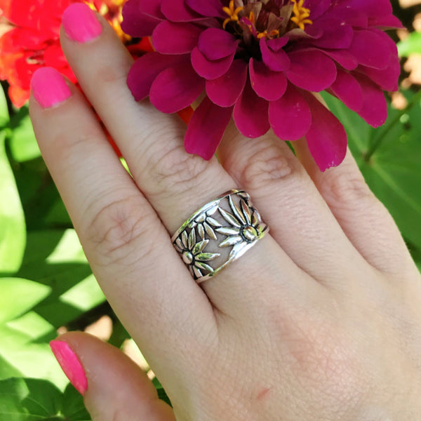 Wide Flower Cutout Ring | Sterling Silver Size 7 8 9 10 | Light Years