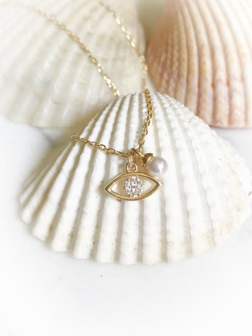 CZ Eye & Pearl Charm Necklace | 14kt Gold Vermeil Chain | Light Years