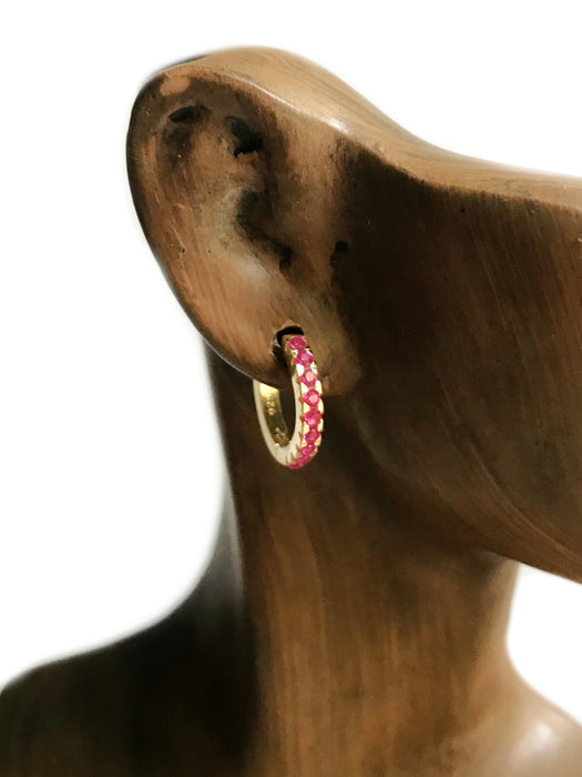 CZ Crystal Huggie Hoops | Ruby Pink | Gold Vermeil Earrings | Light Years Jewelry