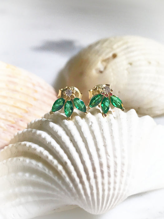 Emerald Green CZ Petal Posts | 14kt Gold Vermeil Studs Earrings | Light Years Jewelry