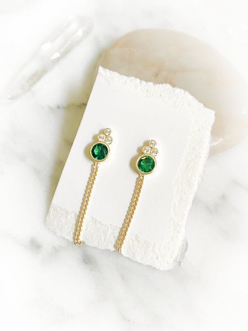 Emerald Green CZ Chain Back Posts | 14kt Gold Vermeil Ear Jacket | Light Years
