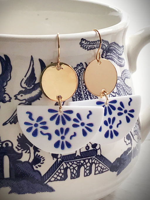 Blue & White Painted Flower Dangles | Gold Earrings | Light Years Jewelry