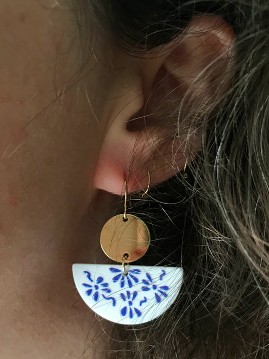 Blue & White Painted Flower Dangles | Gold Earrings | Light Years Jewelry