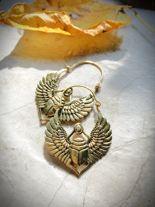 Winged Scarab Statement Hoops | Brass Earrings | Light Years Jewelry