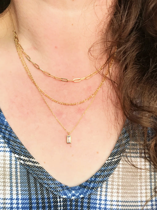 Three Layered Chains & CZ Baguette Necklace | Gold Plated | Light Years