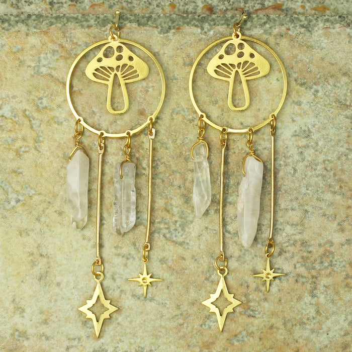Mushroom & Quartz Statement Earrings | Gold Dangles | Light Years Jewelry