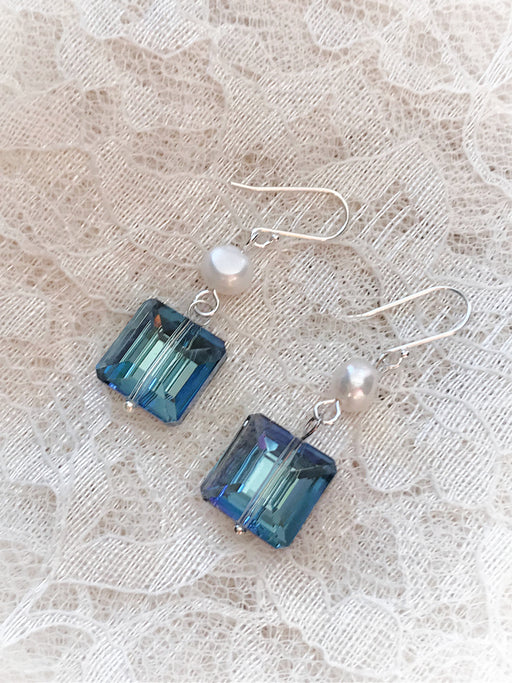 Pearl & Blue Crystal Dangles | Sterling Silver Earrings | Light Years