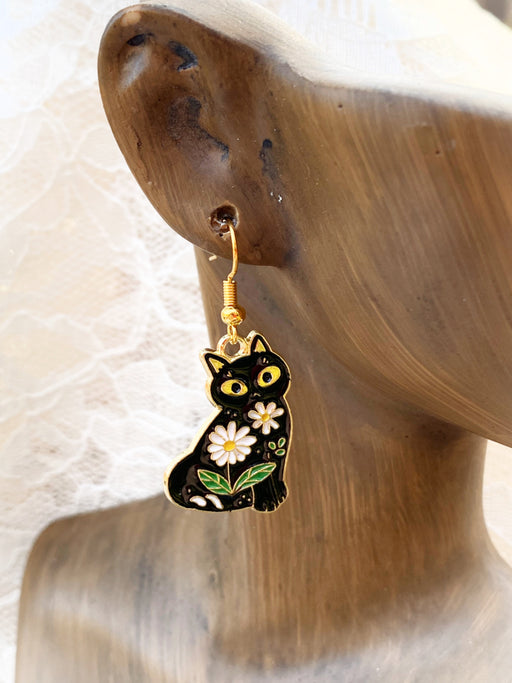 Daisy Cat Enamel Dangles | Gold Fashion Earrings | Light Years Jewelry