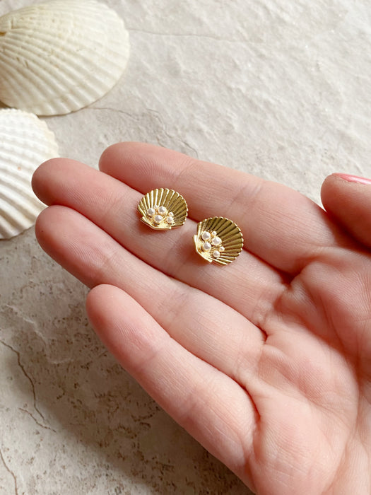 Shell & Pearl Posts | Gold Plated Stud Earrings | Light Years Jewelry