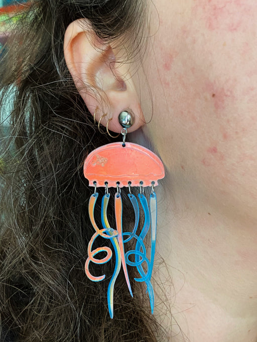 Iridescent Blue Jellyfish Statement Earrings | Silver Studs Posts | Light Years