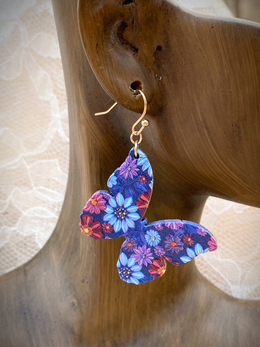 Floral Print Wood Butterfly Dangles | Gold Statement Earrings | Light Years