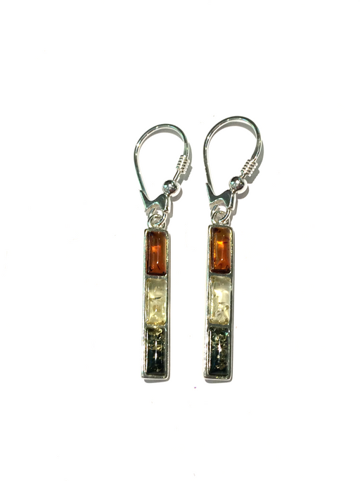 Tricolor Baltic Amber Bar Earrings | Sterling Silver Dangles | Light Years