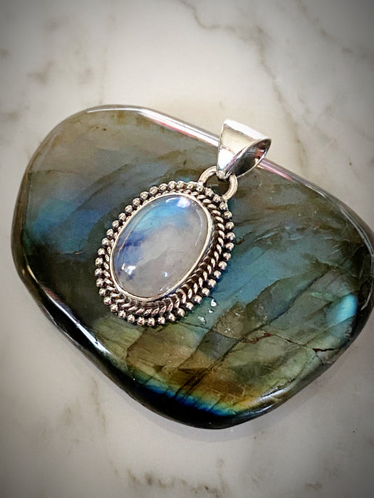 Ornate Rainbow Moonstone Pendant | Sterling Silver | Light Years Jewelry