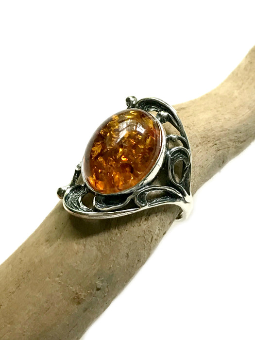 Baltic Amber Filigree Ring | Sterling Silver Size 6 7 8 9 | Light Years