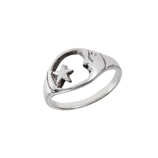 Encircled Moon & Star Ring | Sterling Silver Size 6 7 8 9 | Light Years